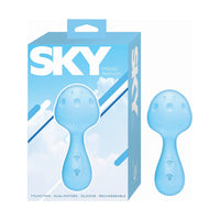 Blue silicone mushroom-shaped device with packaging labeled 'SKY' on a white background