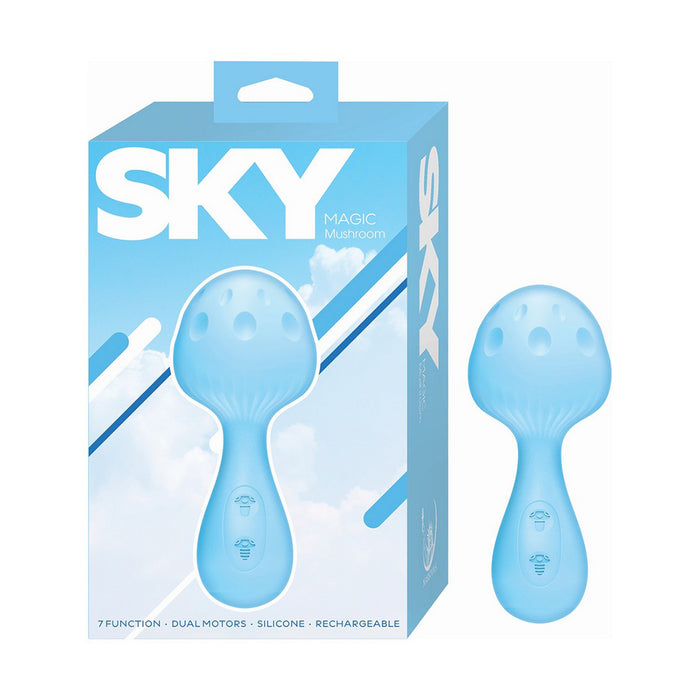 Blue silicone mushroom-shaped device with packaging labeled 'SKY' on a white background