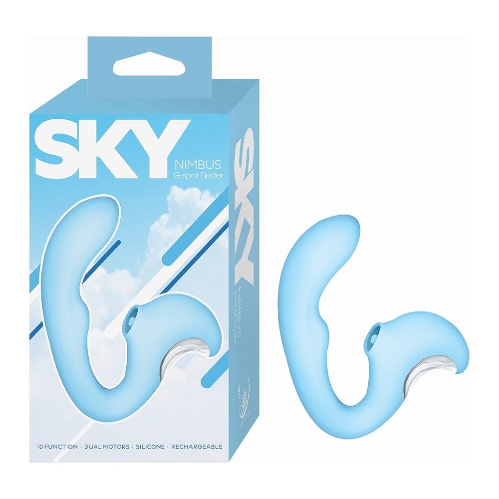 Blue silicone nimbus g spot finder vibrator with 'SKY' branding on a white background