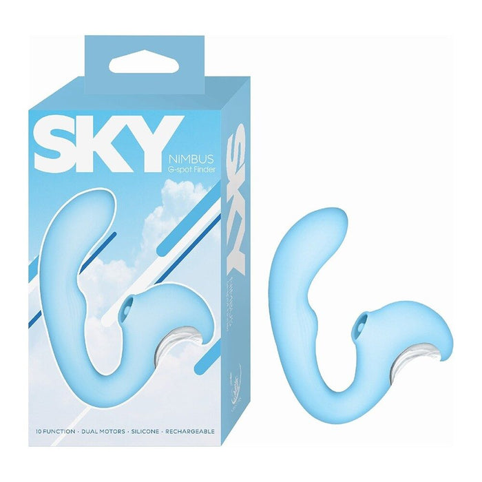 Blue silicone nimbus g spot finder vibrator with 'SKY' branding on a white background