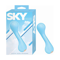 Blue 'SKY' g-spot reacher vibrator with packaging on a white background