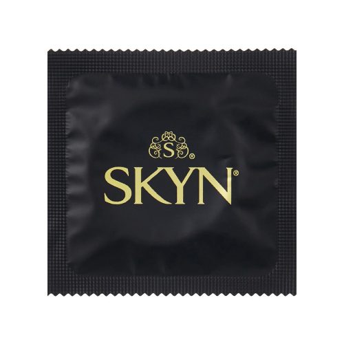 Black SKYN condom packaging with gold logo on a white background