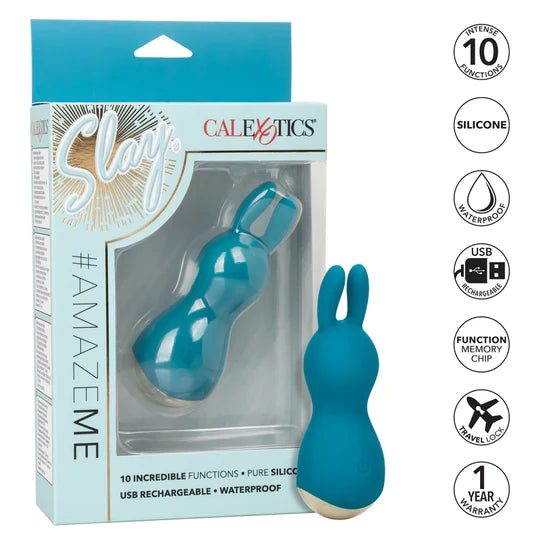 a blue bunny shaped vibrator with a silver base. It is shown next to its display box and a list of its key features