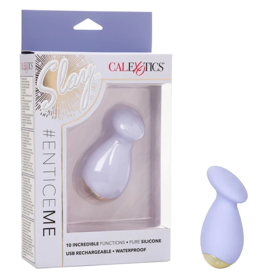 a light purple short vibrator with an oval flat tip and a silver base. Shown next to its display packaging