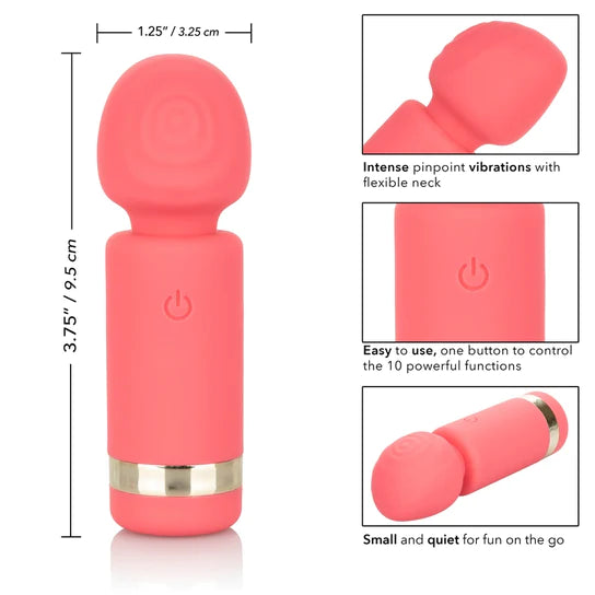 a pink wand shaped clitoral vibrator with a silver band at the base shown next to close up pictures of the textured head and function button