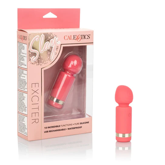 a pink wand shaped clitoral vibrator with a silver band at the base, shown next to its packaging