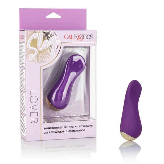 a purple short vibrator with a flat flared tip and a silver base. Shown next to its purple display box