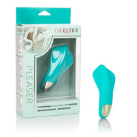 an aqua short vibrator with flared wings at the tip and a silver function button. It is shown next to its blue display box