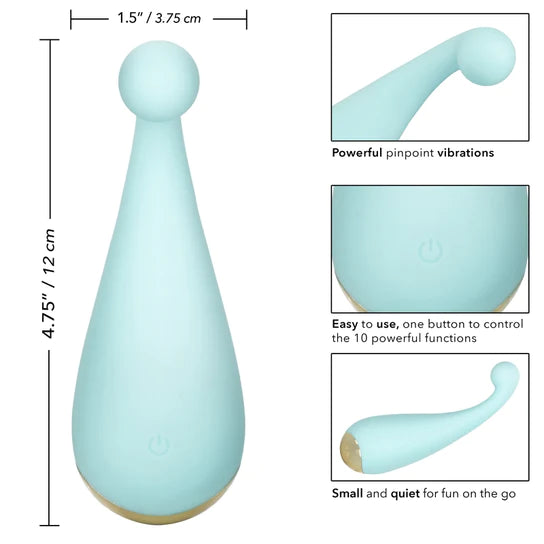 a light blue clitoral vibrator with a tapered shaft and bulbed tip shown next to close up pictures of the tip and function buttons
