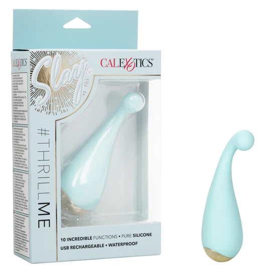 a light blue clitoral vibrator with a tapered shaft and bulbed tip, shown next to its blue packaging