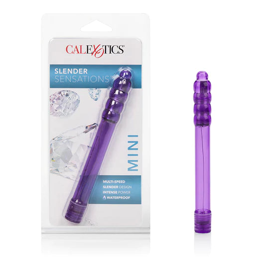 a transparent purple vibrator with a stacked bubble tip shown next to its plastic packaging