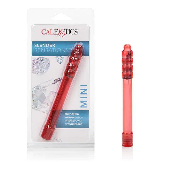 a transparent red vibrator with a stacked bubble tip shown next to its plastic packaging