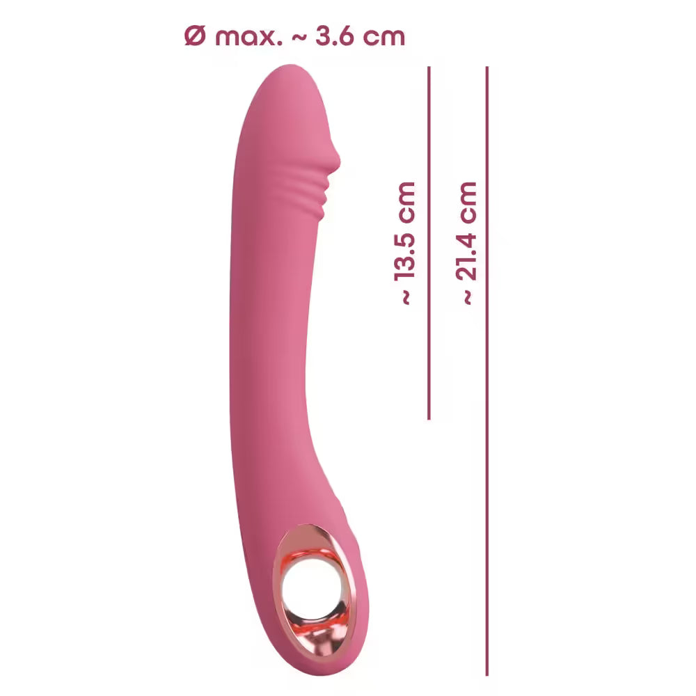 Pink slim g spot rose vibrator with measurements on a white background
