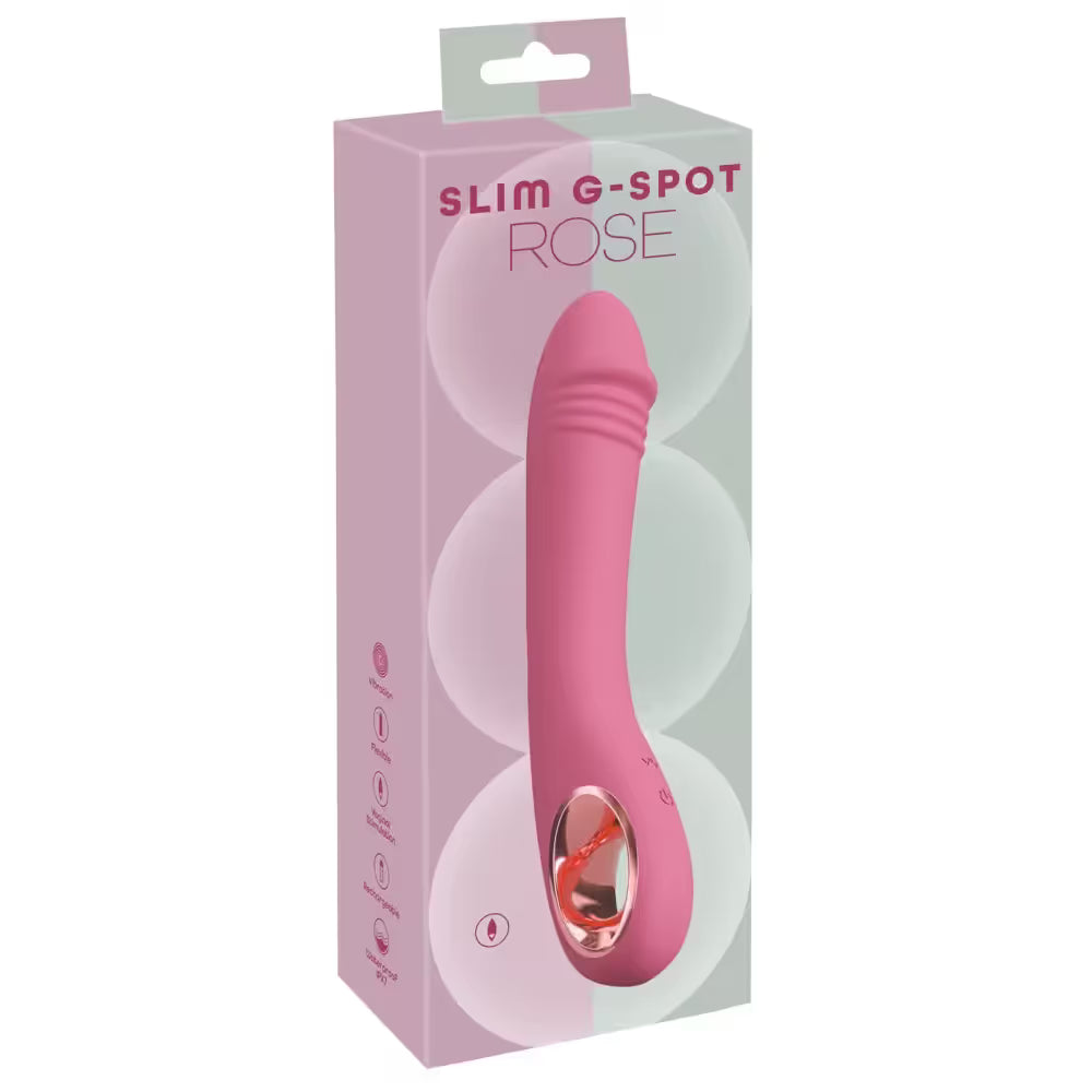 Pink G-Spot vibrator in packaging with 'Slim G-Spot Rose' text on a white background