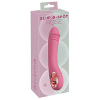 Pink G-Spot vibrator in packaging with 'Slim G-Spot Rose' text on a white background