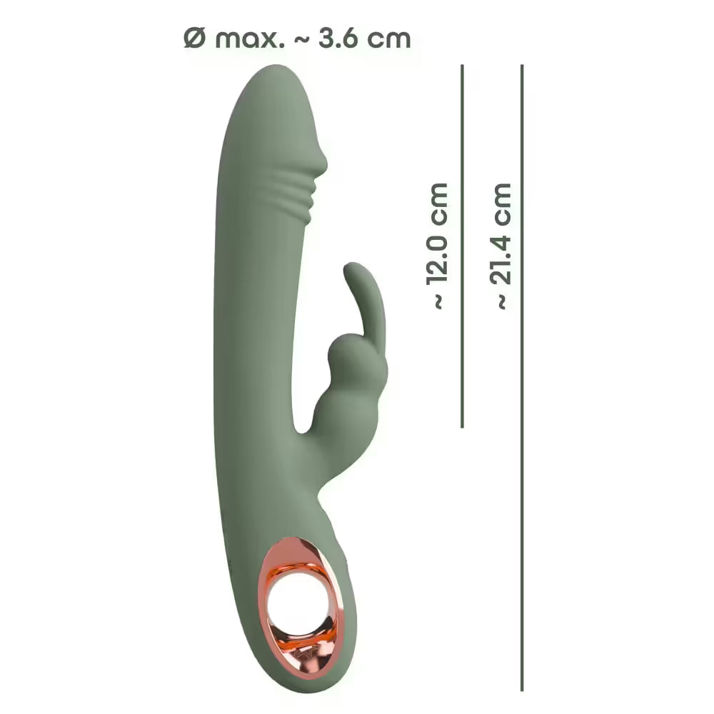 Green rabbit vibrator with measurements on a white background
