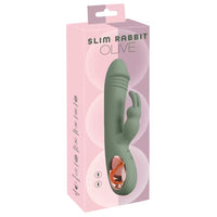 Green slim rabbit vibrator in packaging with 'Slim Rabbit Olive' branding on a pink background
