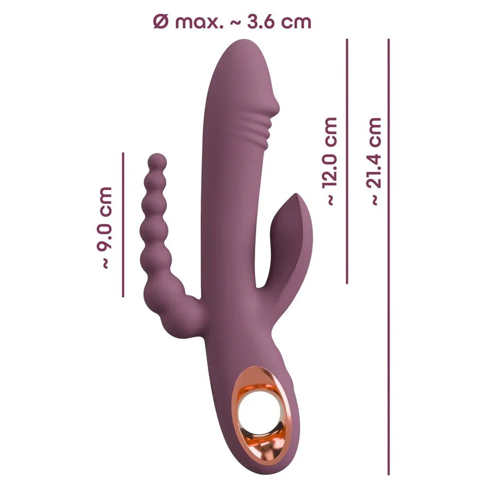 Purple triple stimulation vibrator with measurements on a white background