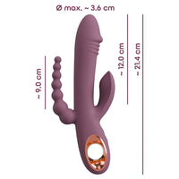 Purple triple stimulation vibrator with measurements on a white background