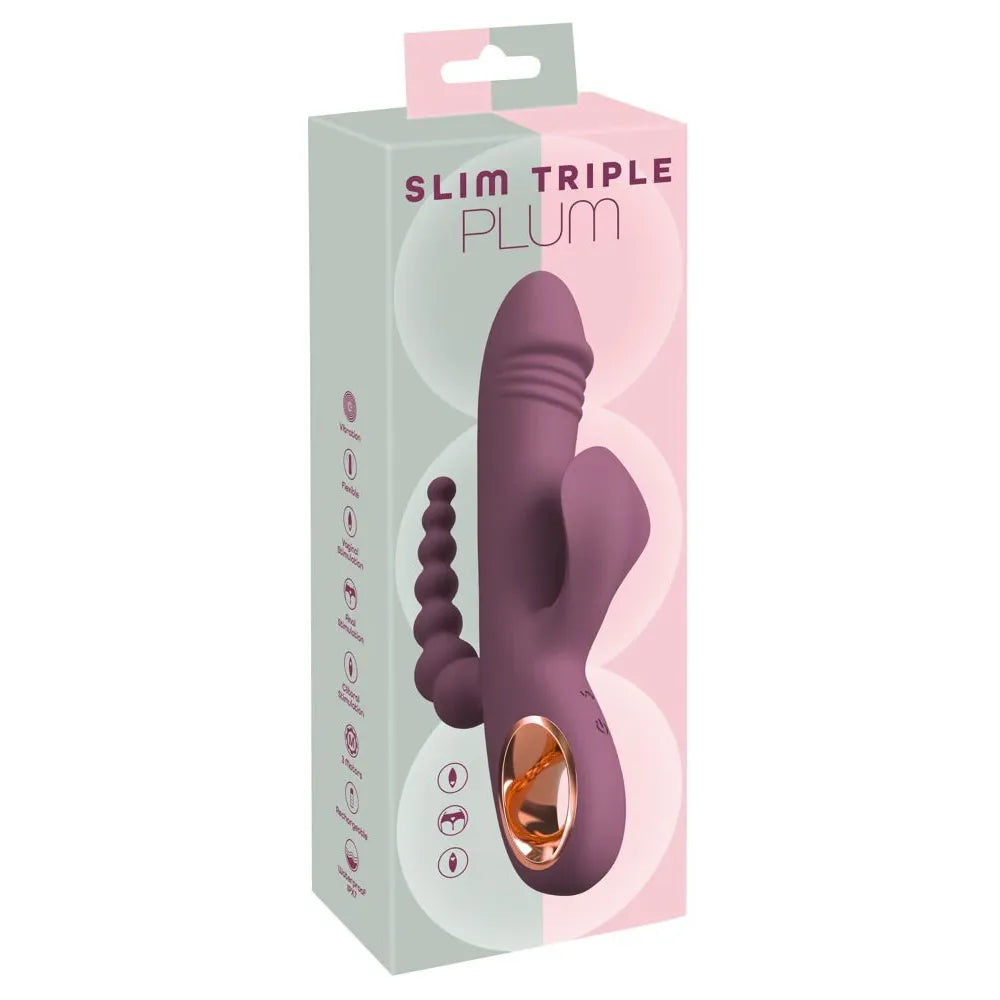 Purple stimulation vibrator with packaging labeled 'Slim Triple Plum' on a white background