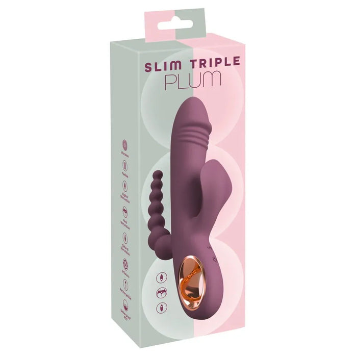 Purple stimulation vibrator with packaging labeled 'Slim Triple Plum' on a white background
