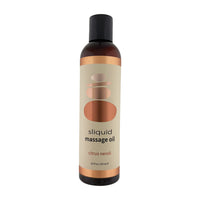 Sliquid citrus neroli massage oil bottle with beige label on a white background
