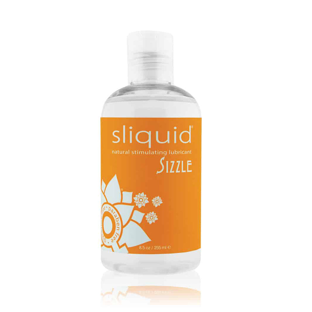 A bottle of Sliquid Sizzle natural stimulating lubricant, featuring a bright orange label with white text and graphics, on a clean white background with a soft reflection.