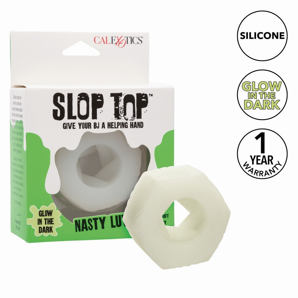 glow in the dark bj helping hand stroker in the shape of a nut beside packaging