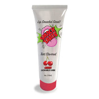 white tube with pink mouth and tongue with cherries