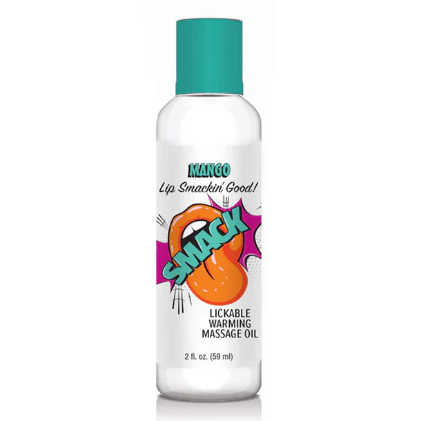 Bottle of Lickable Warming Massage Oil mango with colorful label on a white background