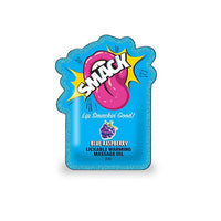 Blue packaging of SMACK blue raspberry lickable warming massage oil on a white background