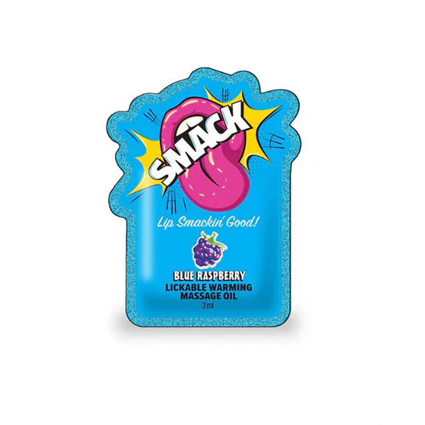 Blue packaging of SMACK blue raspberry lickable warming massage oil on a white background