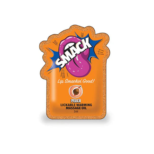 Packaging of peachlickable warming massage oil with 'Snack' branding on an orange background.