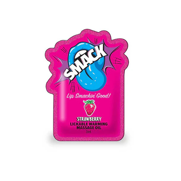 Pink packaging of Smack strawberrylickable warming massage oil on a white background