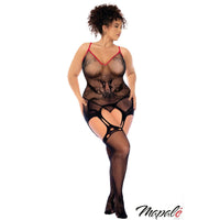 Model wearing a black lace bodystocking with red straps on a white background, featuring the brand 'Mapale'.
