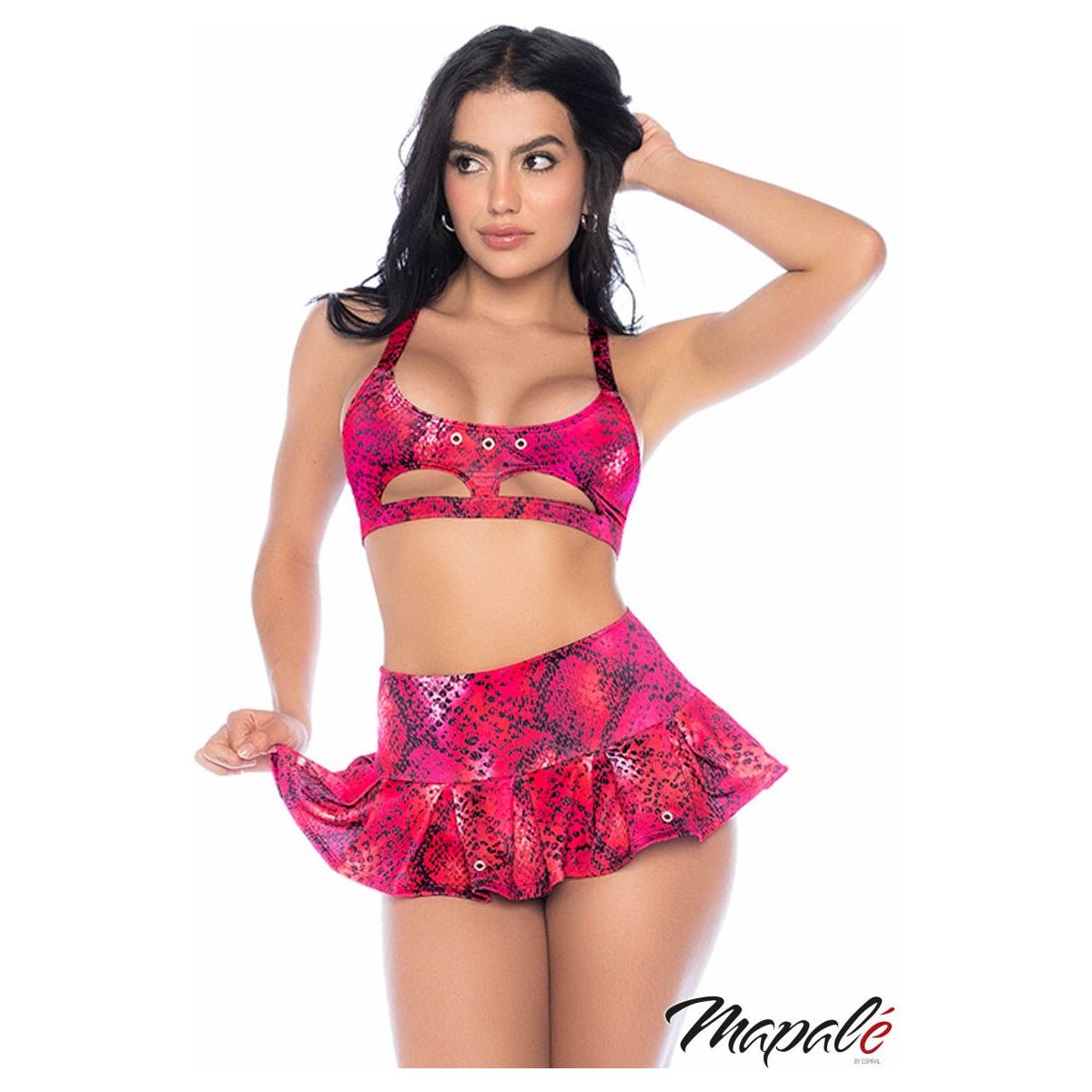 Snakeskin print top with soft cups featuring a cutout underbust, thick adjustable straps and a tie-back closure
- Ruffle mini skirt with a wide waistband and an attached black panty