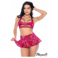 Snakeskin print top with soft cups featuring a cutout underbust, thick adjustable straps and a tie-back closure
- Ruffle mini skirt with a wide waistband and an attached black panty