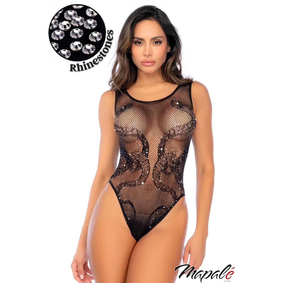 Model wearing a black fishnet bodysuit with rhinestone embellishments on a white background, featuring the Mapale brand.