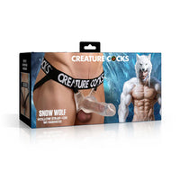 Product packaging for 'Snow Wolf' hollow strap-on with harness by Creature Cocks on a white background.