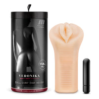 Product packaging with a model and a small black device on a white background