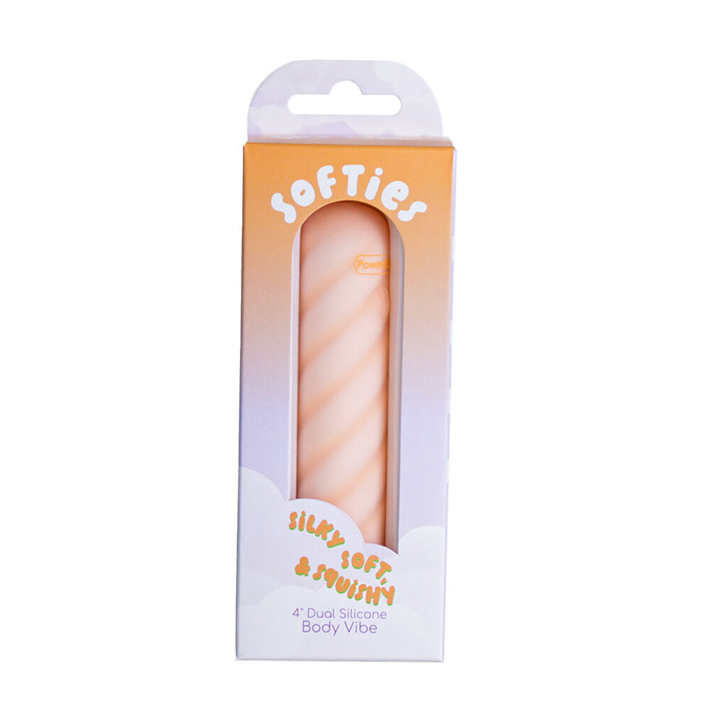 Silicone softies dual layer vibrating bullet in packaging with 'Softies' branding on a white background