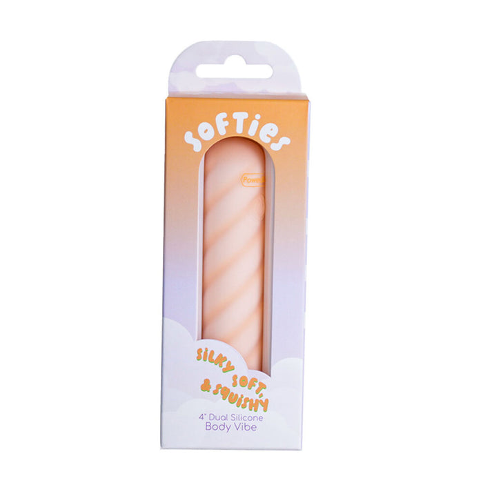 Silicone softies dual layer vibrating bullet in packaging with 'Softies' branding on a white background
