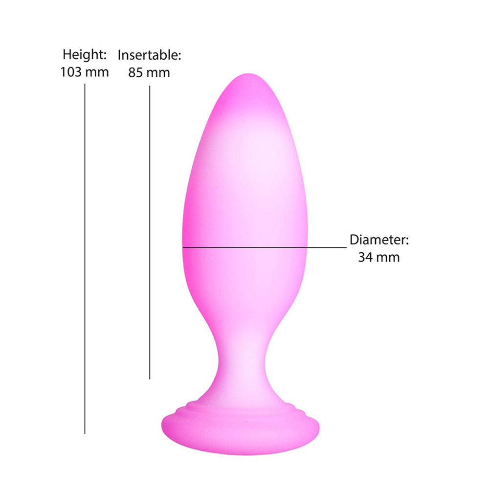 Pink softies anal plug with measurements on a white background