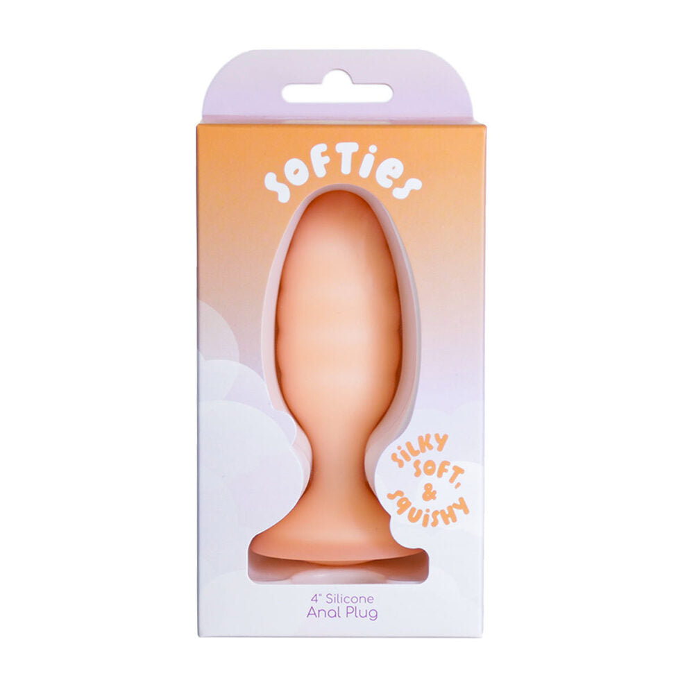 Silicone anal plug in packaging with 'softies' branding on a white background
