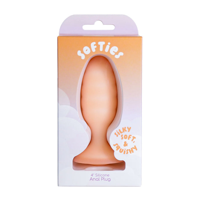 Silicone anal plug in packaging with 'softies' branding on a white background