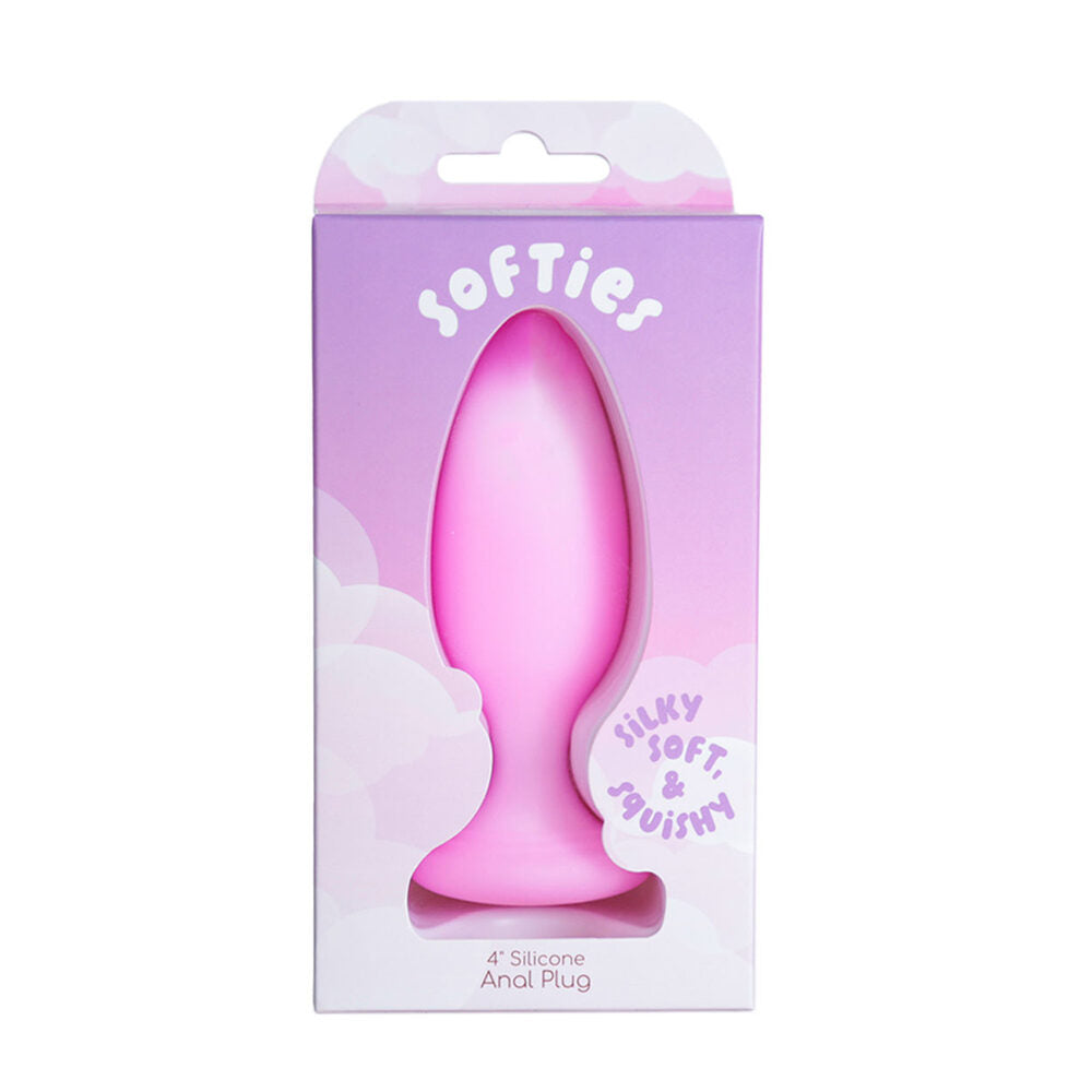 Pink silicone anal plug in a 'Softies' branded box on a white background