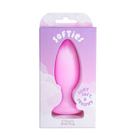 Pink silicone anal plug in a 'Softies' branded box on a white background