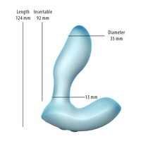 Blue softies silicone vibrator model with measurements on a white background