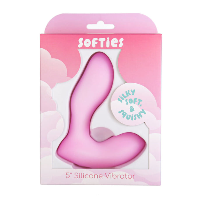 Pink softies silicone vibrator in packaging with 'Softies' branding on a white background
