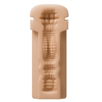 Beige solace pro masturbator sleeve with textured surface on a white background